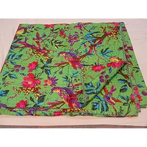 Tribal Asian Textiles Handgemaakte vogelprint, kingsize kantha-dekbed, kantha-deken, beddeken, kingsize kantha sprei…