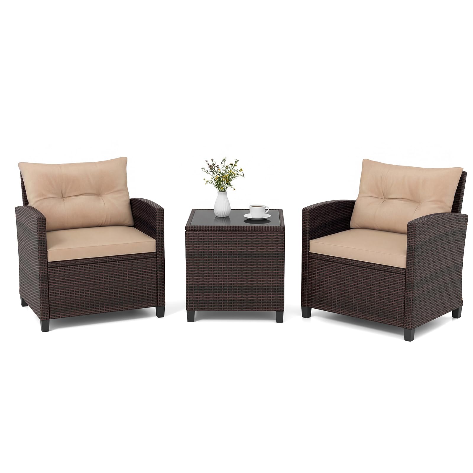 GIANTEX Salon de Jardin 2 Personnes en Rotin, Mobilier Jardin avec 2 Fauteuils, Coussins Amovibles, Table Basse Plateau en Verre Trempé, pour Balcon, Cour, Marron + Beige