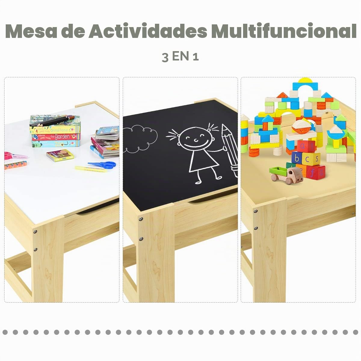 GIANTEX Juego de Mesa y 2 Sillas para Niños, Sillas con Cajones de Tela, Escritorio Infantil de Madera con Espacio de Almacenamiento, Tablero Reversible con Pizarra, Grupo de Asientos para Niños