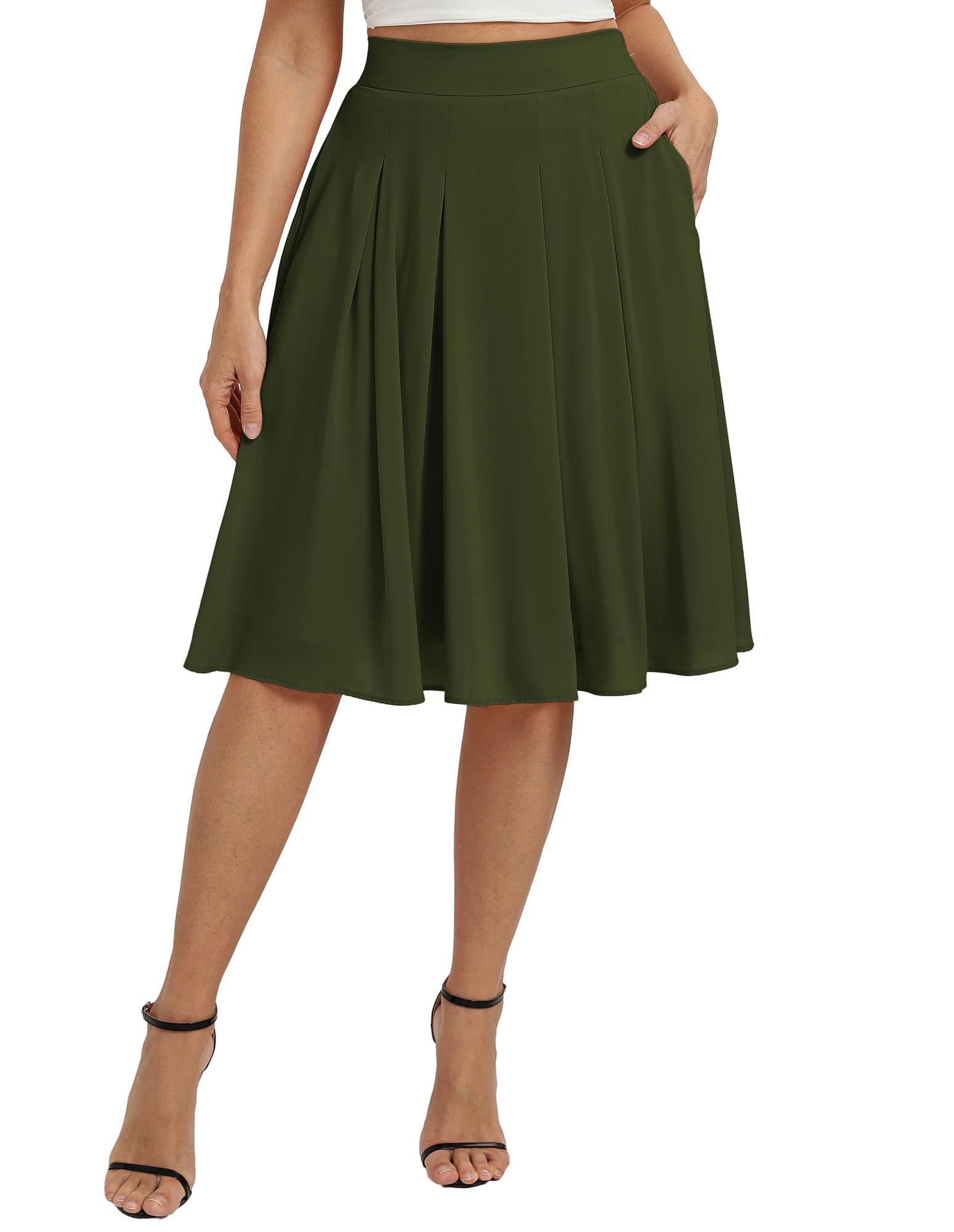Belle Poque Gonna midi da donna, elegante, a vita alta, linea ad A, basica, plissettata, con tasche