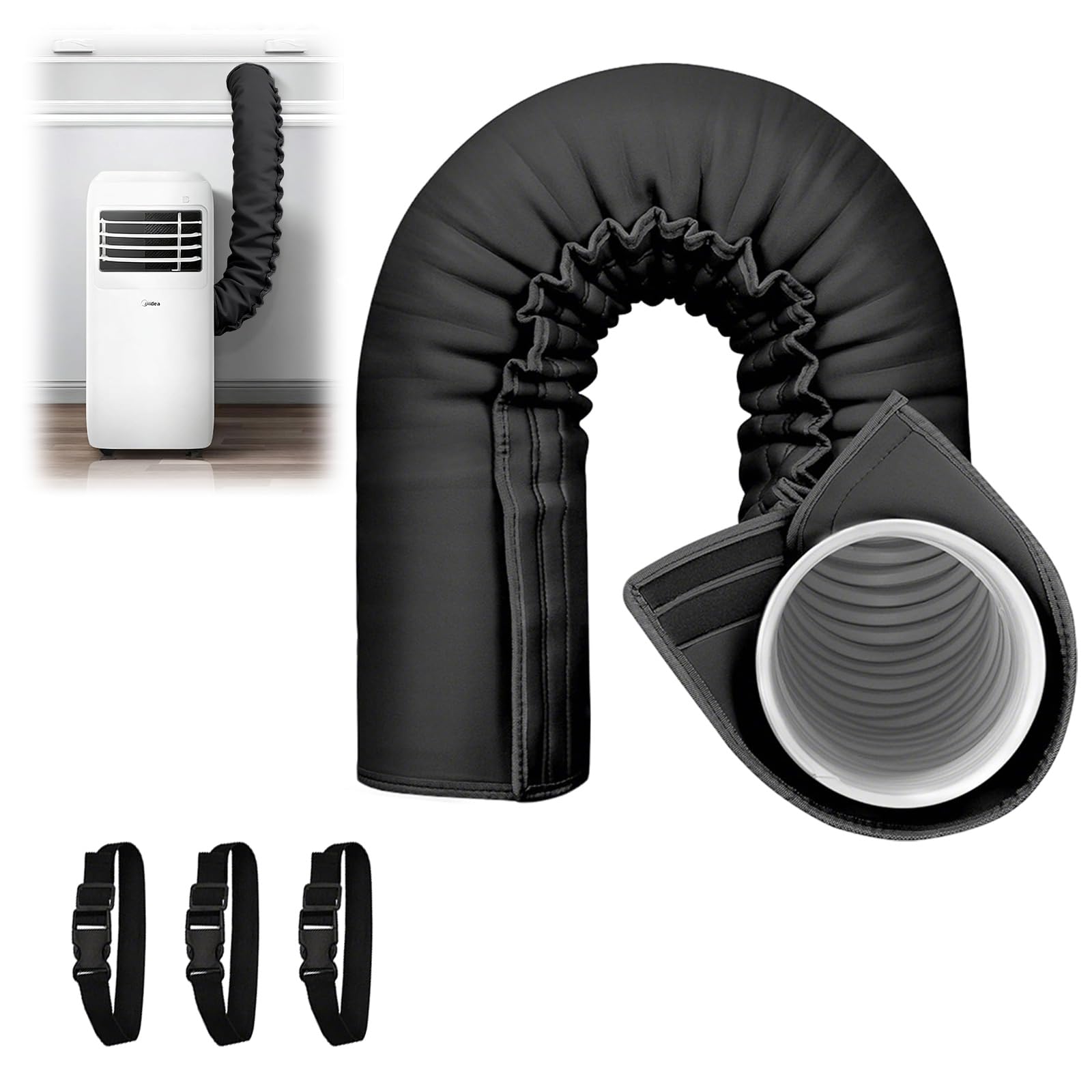 Cubierta Aislante para Manguera de Aire Acondicionado, Funda Aislamiento para Manguera de Aire Acondicionado Portátil para Conducto Escape de 12.7 y 15cm Diámetro, con 3 Correas (1, Negro)