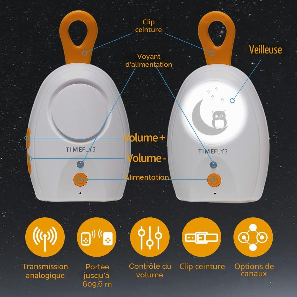 TimeFlys Paladin Moniteur audio pour bébé - Portable - Rechargeable - Extra longue portée jusqu'à 600 m - Veilleuse - Son cristallin - Camping