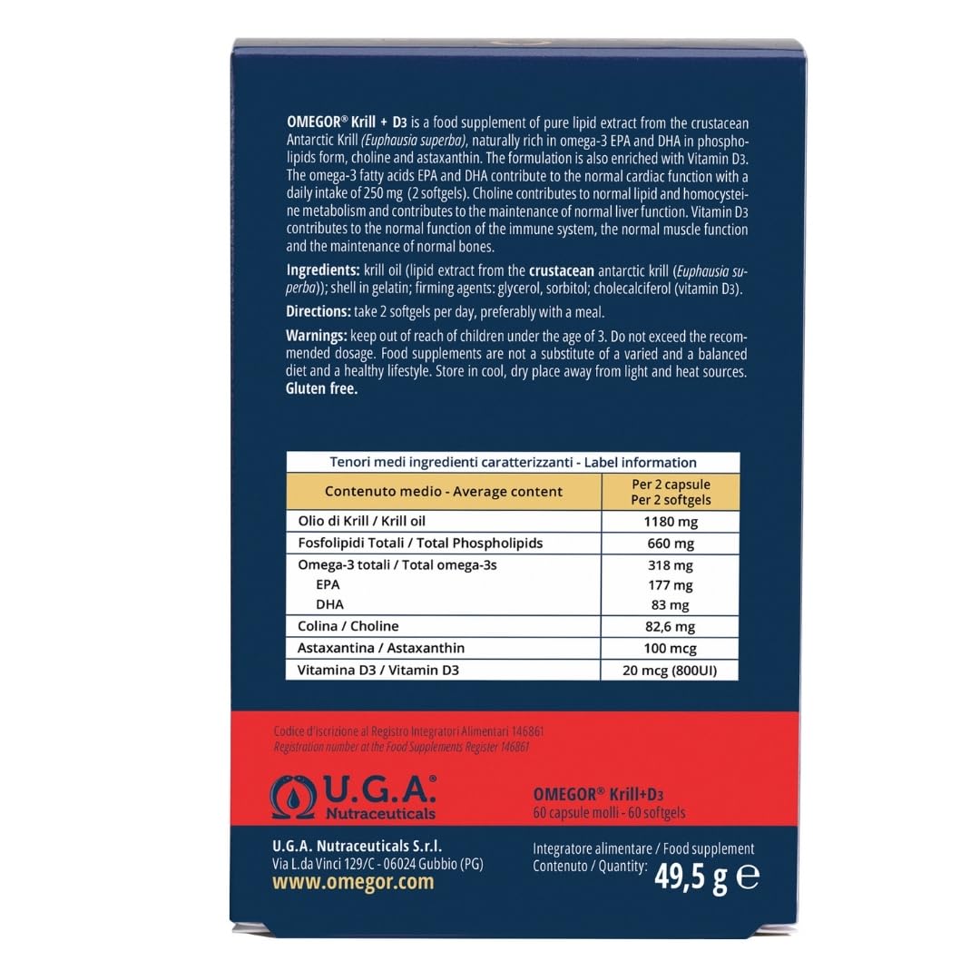Omégor Krill D3 - Supplément alimentaire à l'huile de krill - Formule oméga 3 super concentrée - vitamine D3 et vitamine E - Pour dents et os - avec choline précieuse pour votre cerveau - 60 gélules