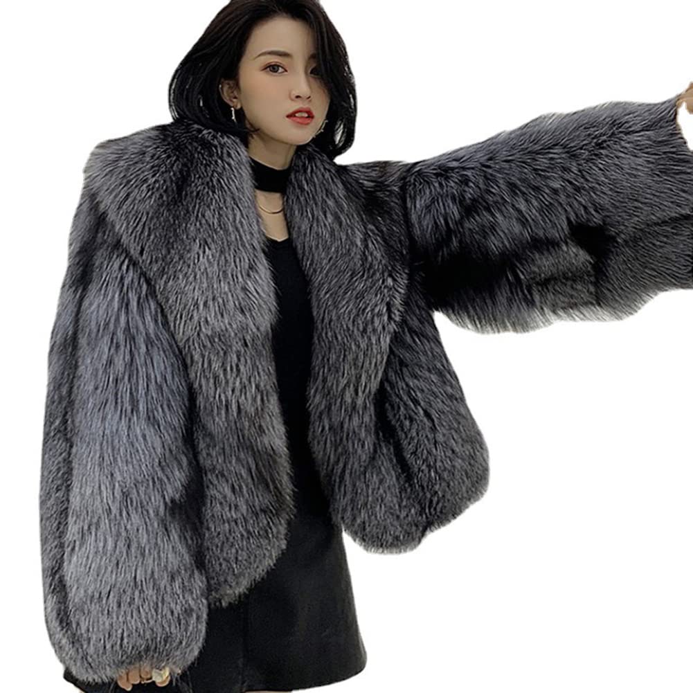 ARIASS Faux Fox Fur Coat, Fur Coat, Silver Faux Fox Fur Coat Women