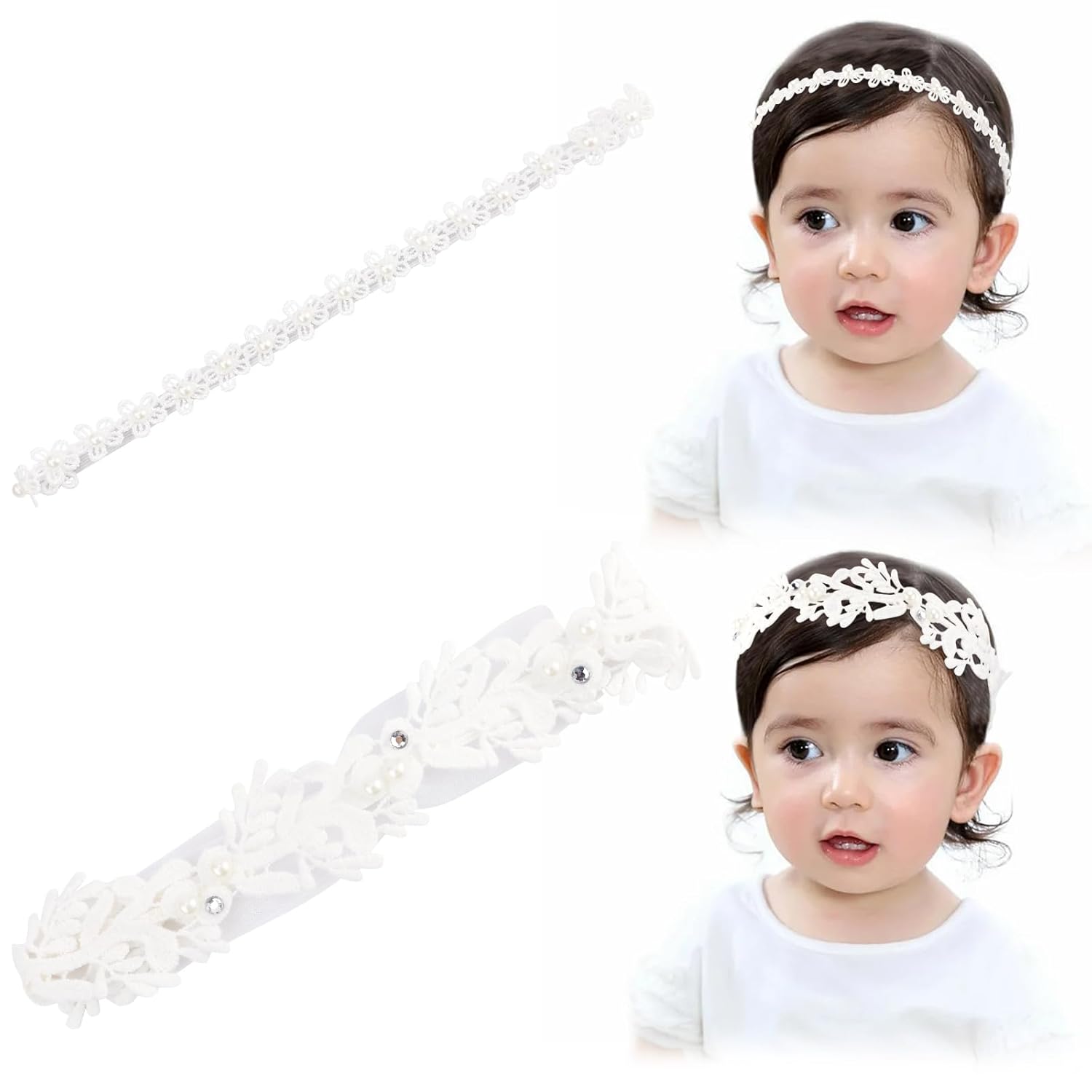Baby Girl Lace Headband with Pearl – White Flower Christening Bow, Baptism Hair Accessory for Toddlers