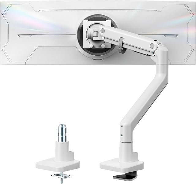 MonTEK Bras de moniteur lourd pour 17-57" écran courbé ultra large, supporte jusqu'à 59.4 lbs, bras de ressort à gaz réglable, 75/100 VESA Montage, pince & Moniteur de bureau Grommet Monitor simple, blanc