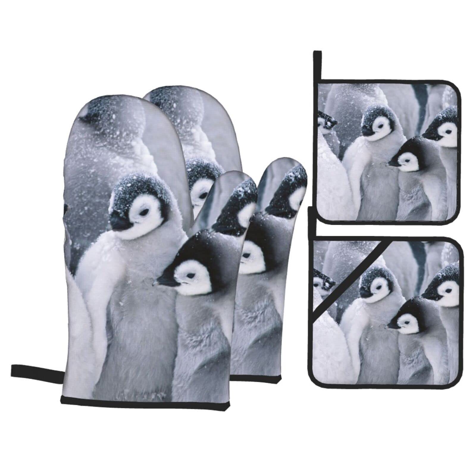 Cute Penguin Print Kitchen Baking Four Piece Set of Heat Resistant Thick Cotton Oven Mitts for Cooking, Baking and Grilling