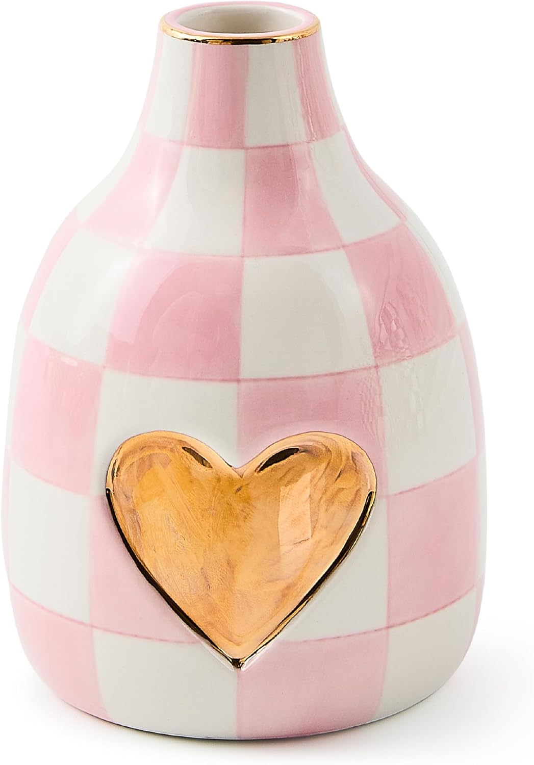 MACKENZIE-CHILDS Ceramic Heart Vase, Unique Flower-Vase Decor, Bud, Pink-and-White Rosy Check