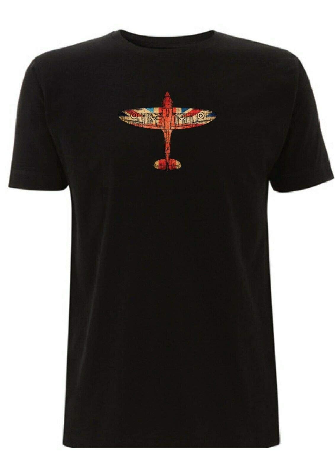 Time 4 Tee Men's Black Spitfire T Shirt Graphic British Plane Ww2 Icon Union Jack Uk Raf Army Airplane English Flag Collectable Gift (Medium, )