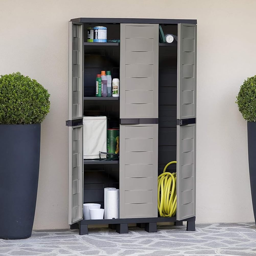 BAKAJI Mobile Armadio in Polipropilene da Esterno ed Interno, Mobiletto Armadietto con Tripla Anta Resistente agli UV e Ripiano regolabile, Ideale Giardino, Balcone, Bagno, Ufficio (3 Ante)