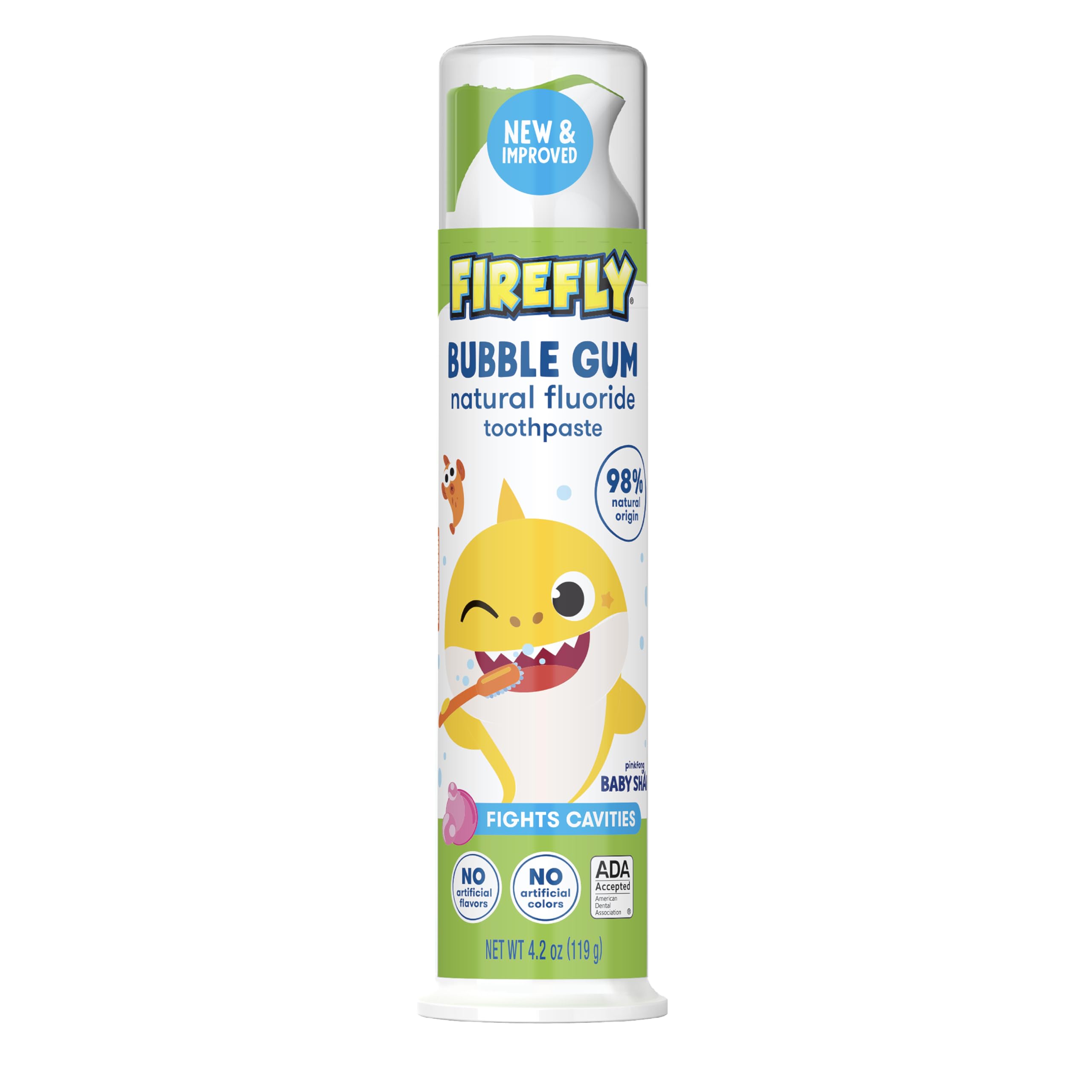 Firefly Kids Anti-Cavity Natural Fluoride Toothpaste, Baby Shark, Bubble Gum Flavor, ADA Accepted, 4.2 OZ