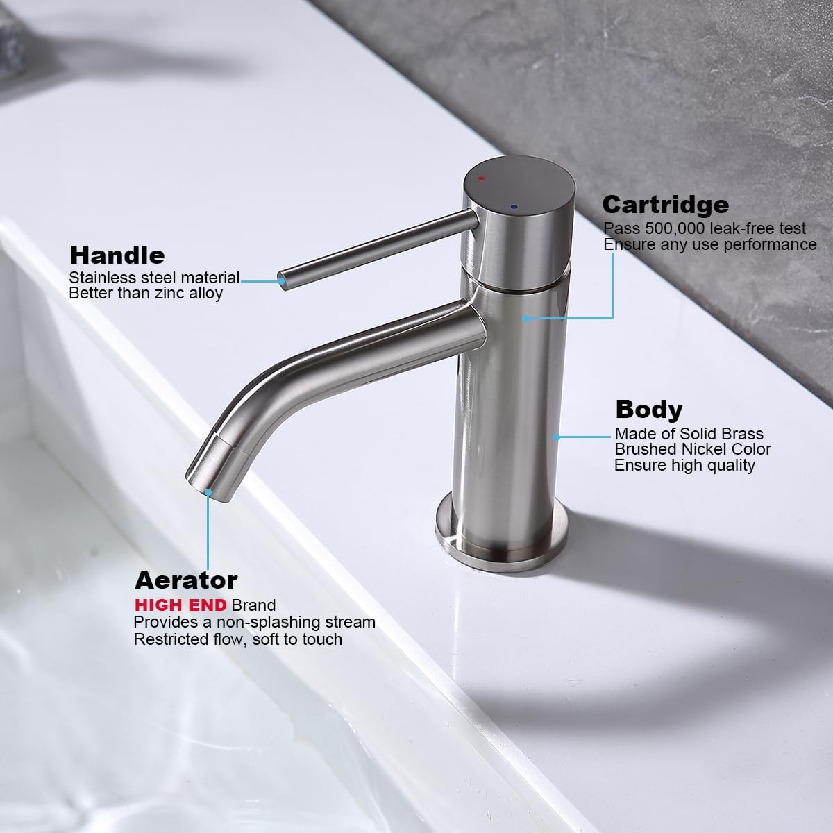 Single Hole Bathroom Sink Faucet with Pop-up Drain Assembly and Faucet Supply Lines, Brushed Nickel Single Handle Lavatory Basin Faucets Taps - Image 6