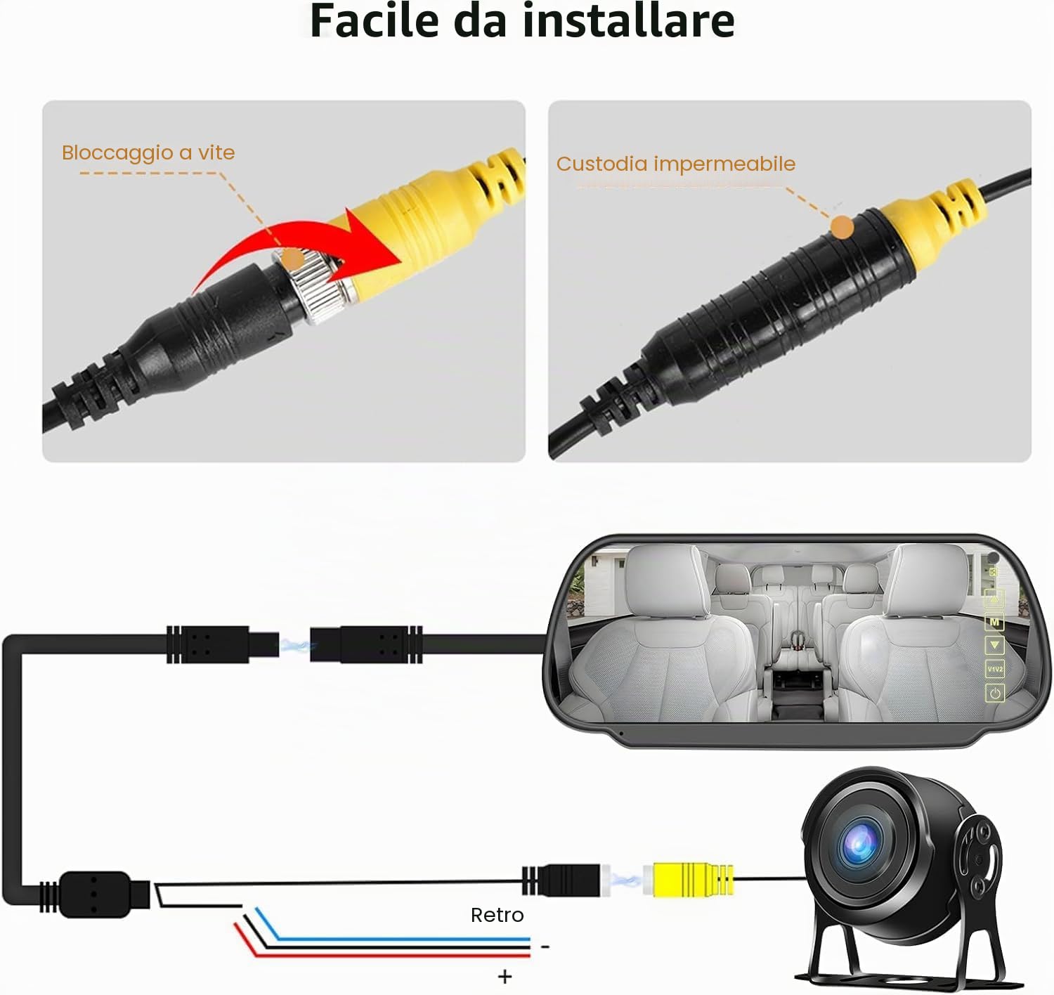 CAMECHO 7'' HD Schermo Tattile Visione Notturna a Colori 1080P Telecamera Posteriore con Monitor, Telecamera Posteriore per Auto con IP66, Grandangolo 105° per Camion/Camper/Furgone 12-24V
