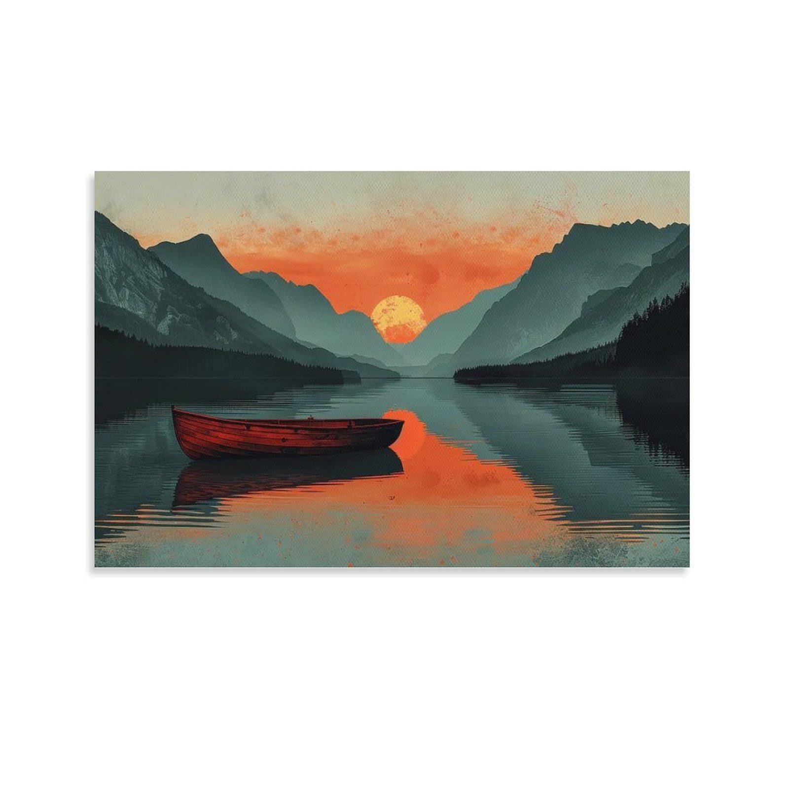 CPLVKWRQJ Sunset Single Piece Red Boat at Mountain Sunset Canvas Wall Decor - Kitchen Removable Wall Art Multi-Purpose Ready to Hang 20x30inch(50x75cm)