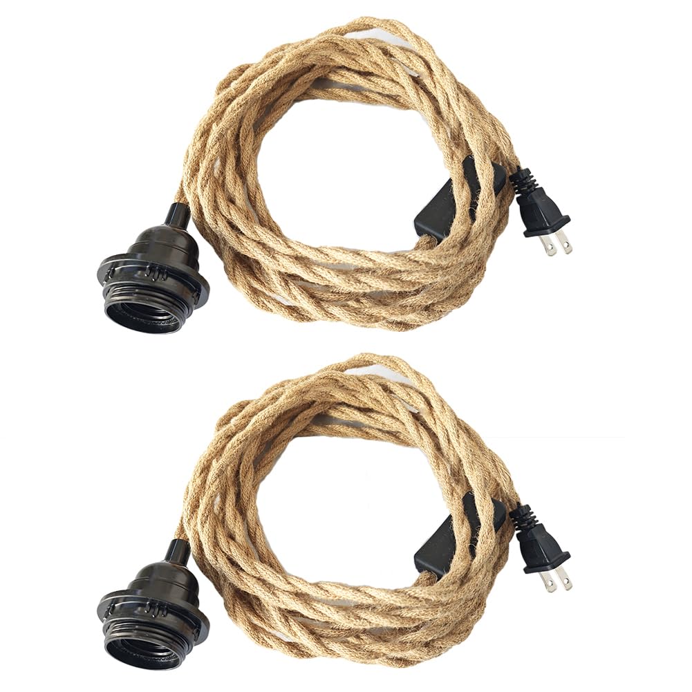 15FT Plug-In Hanging Light Fixture With Switch – E26 Socket, Twisted Hemp Rope Pendant Cord, Industrial DIY Lamp For Farmhouse Or Bedroom (White)