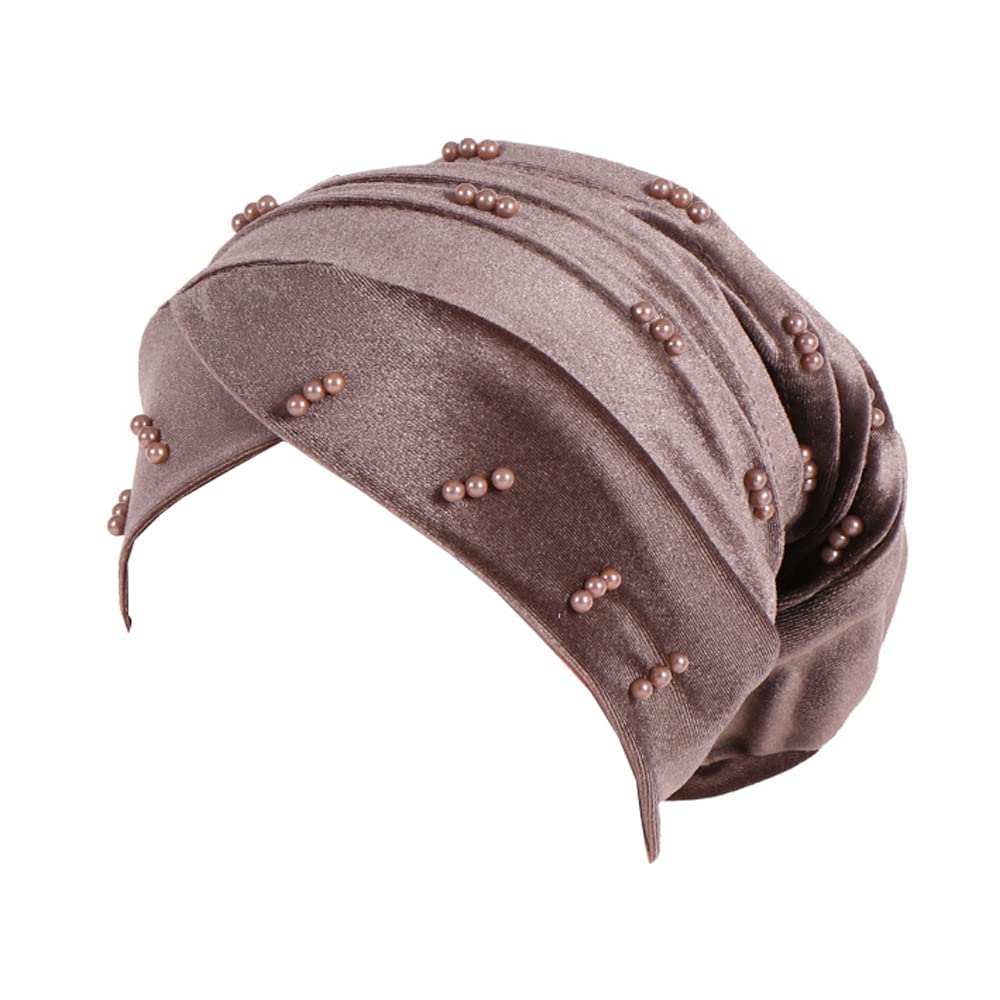 Jdyaoying Women's Khaki Turban Head Wrap Scarfs Velvet Pearl Headwear For Floral Beanie Cap Hair Cover Hat