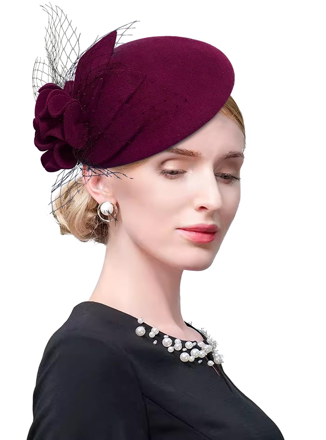 ELLYDOOR Wool Fascinator Pillbox Hat Winter British Wool Felt Hat for Women Wedding Church Hat Flower Fedoras, 2006 Burgundy, One Size