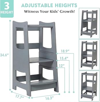 EGREE Modern Gray Wooden Toddler Kitchen Tower Step Stool- 3 Heights Adjustable Montessori Learning Tower Step Up Stool with Safety Rails - Kids Kitchen Helper Stand for Cooking & Bathroom