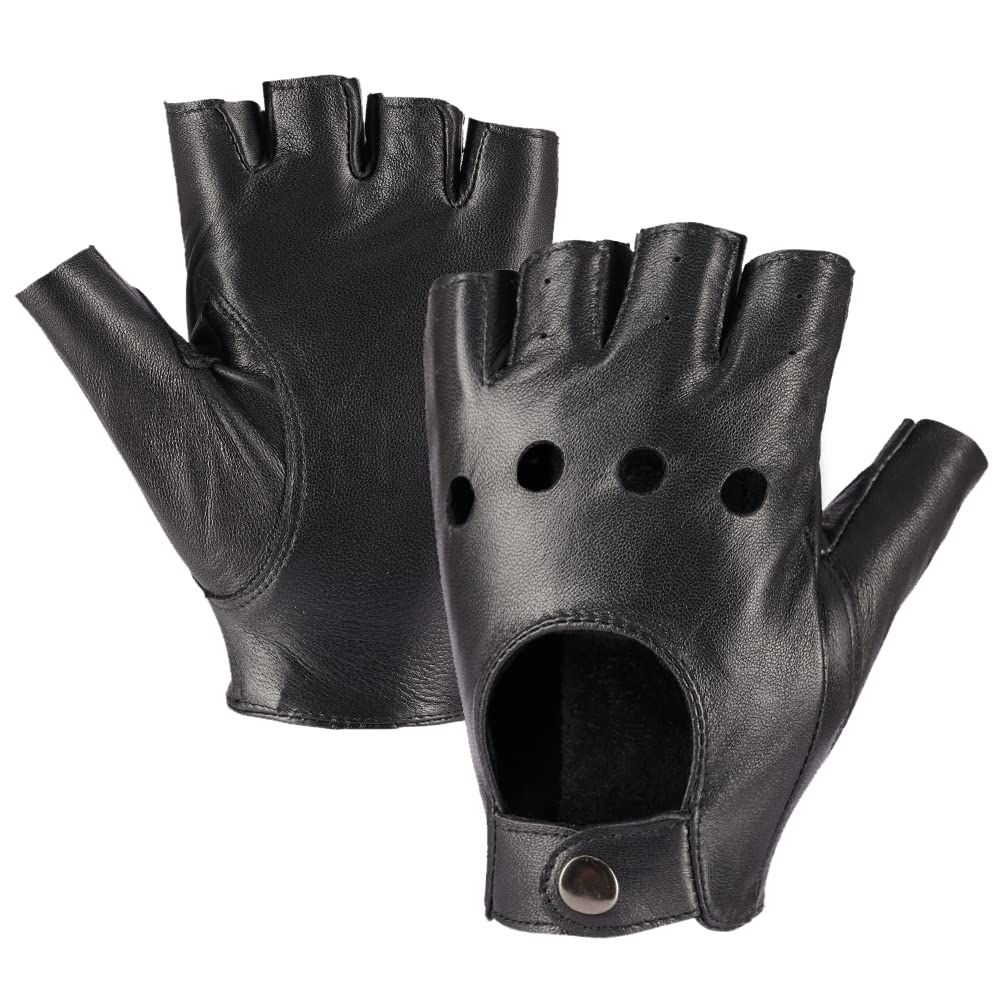 Mggmokay Women's Black Fingerless Leather Driving Gloves Soft Sheepskin Half Finger Gloves Unlined,,L