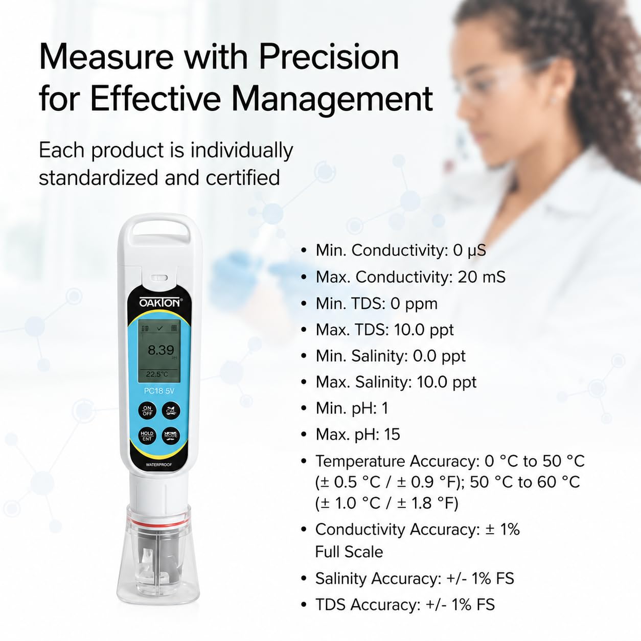 Cole-Parmer - Testeur de pH, conductivité, salinité et TDS de poche étanche Oakton PCTSTestr 50 - Commercial et scientifique - Écran LCD, 0 °C à 60 °C / 32 °F à 140 °F