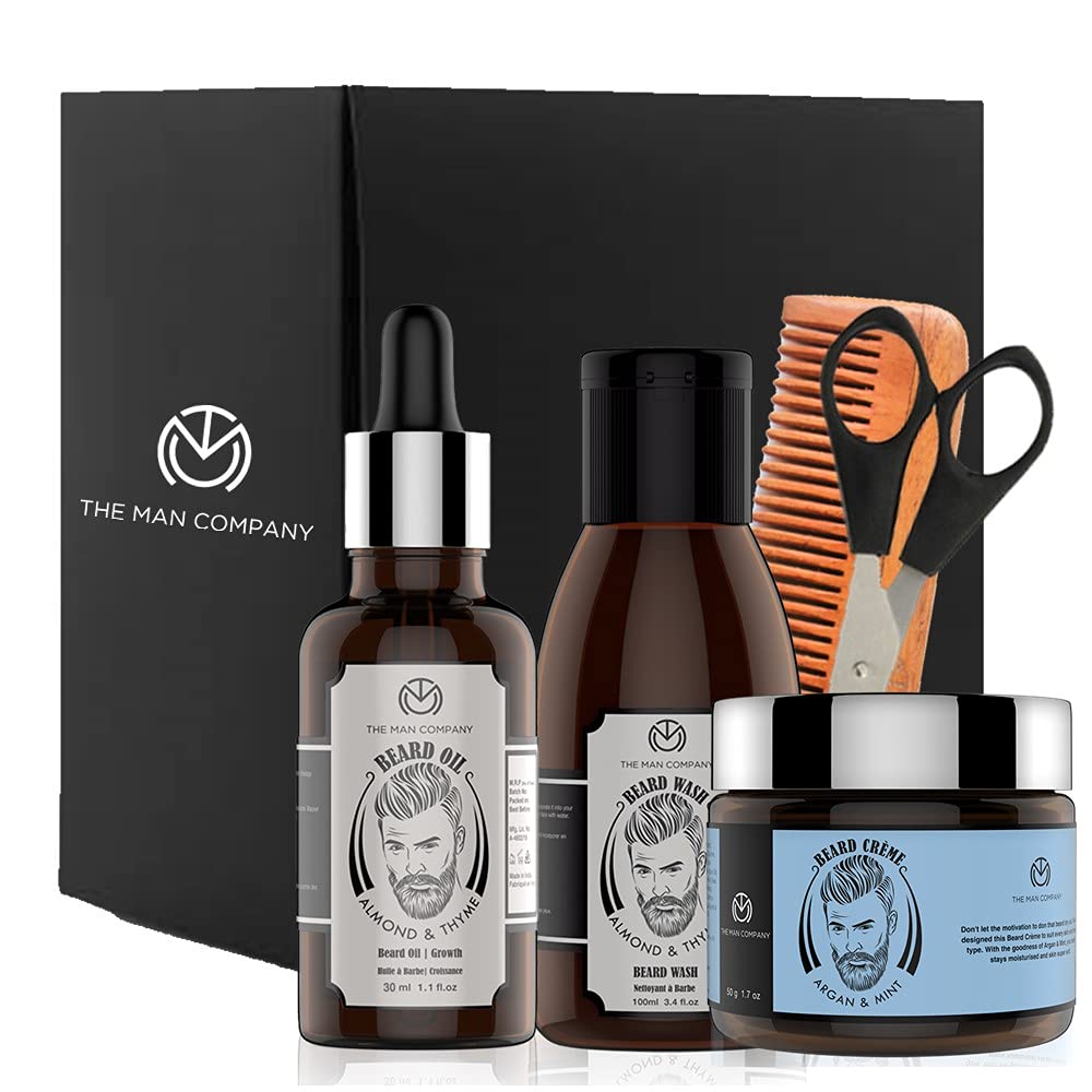 The Man CompanyUltimate 5 - In - 1 Complete Beard Growth & Styling Kit For Men Almond & Thyme Beard Growth Oil, Beard Wash, Beard Cream, Comb & Scissor Nourishes Uneven Patchy Beard