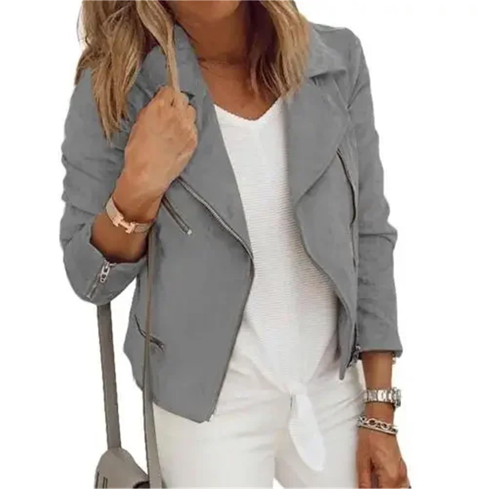 Chaqueta Cuero Mujer Chaqueta de cuero color liso, manga larga, solapa, cierre cremallera, blazer, corte ajustado, cárdigan corto Para salir
