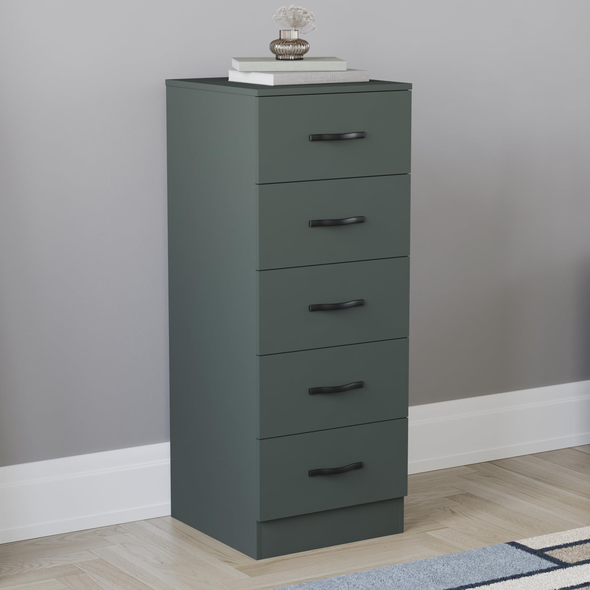 Vida Designs 5 Drawer Narrow Chest Tall Bedroom Storage Unit Sliding Drawers Bedroom Furniture (Jasper Green)