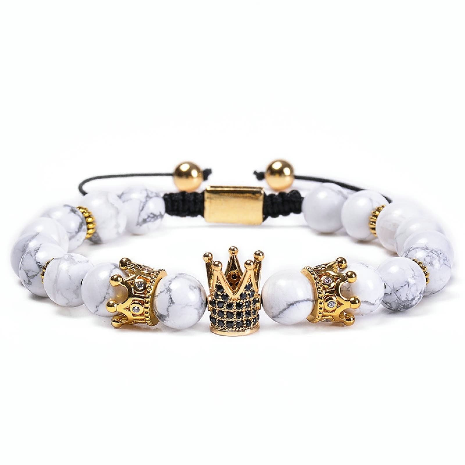 Pulseras de Cuentas para Mujer, Pulsera de Piedra Turquesa de 8 mm con Corona, Pulseras Ajustables para Hombres de 18 cm