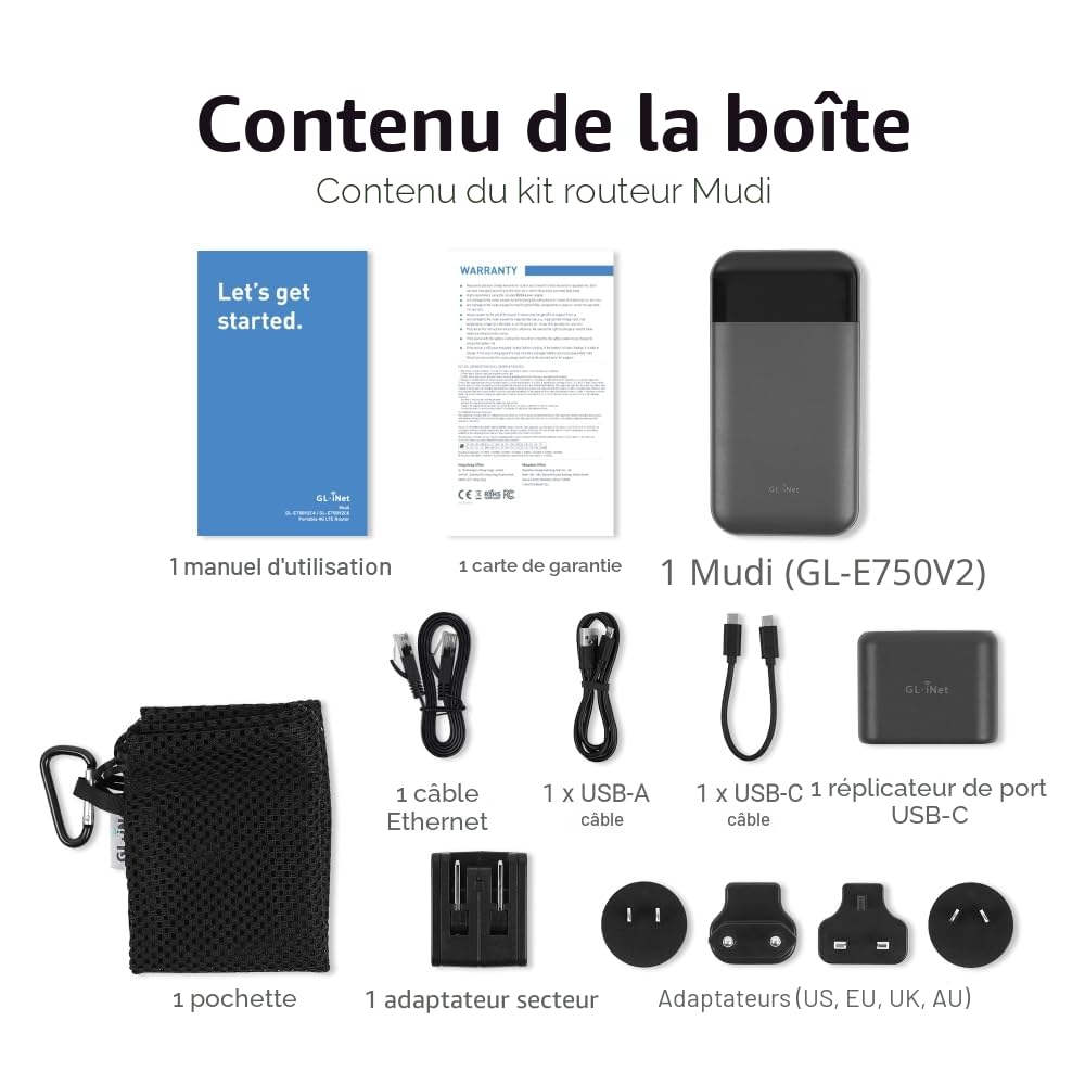 GL.iNet GL-E750V2 (MUDI) 4G LTE Hotspot Wi-FI Portable pour Voyage | Appareil Hotspot Mobile | Routeur VPN OpenWrt | MicroSD 1 to | OpenVPN | WireGuard | Tor | Batterie 7000 mAh | Version Mondiale