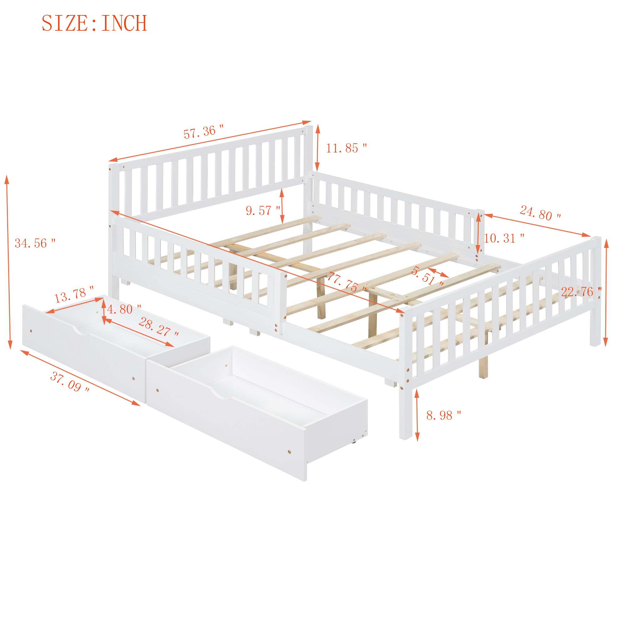 Full Wood Platform Bed with 2 Storage Drawers, Kids Storage Bed Frame with Guardrails on Both Sides, Full Wood Bed Frames for Kids Toddler Teens Adults, Bedroom, No Box Spring Needed, White