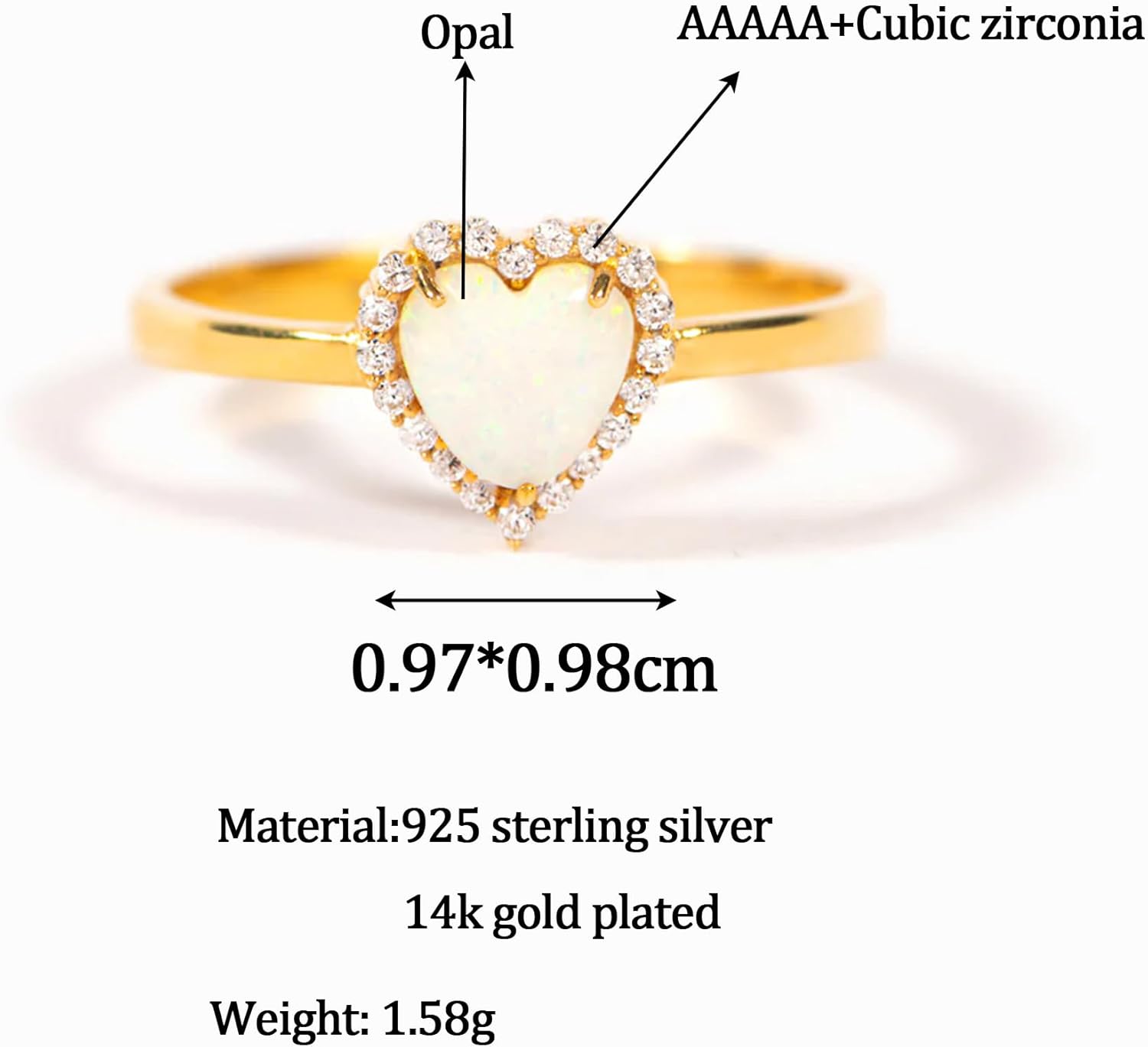 Opal Heart CZ Promise Ring for Women 925 Sterling Silver Love White Opal Engagement Band CZ Ring 14k Gold Plated to Daughter Mom Dainty Stackable Ring Wedding Mother’s Day Jewelry Gifts for Her
