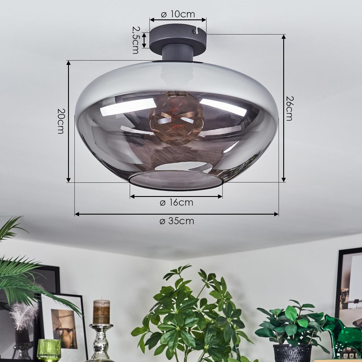 Plafonnier HOFSTEIN Mertola, plafonnier à 1 ampoule en métal/verre noir/gris fumé, luminaire moderne au design rétro/vintage (Ø 35 cm), E27, salle à manger, salon, chambre à coucher, cuisine, bureau