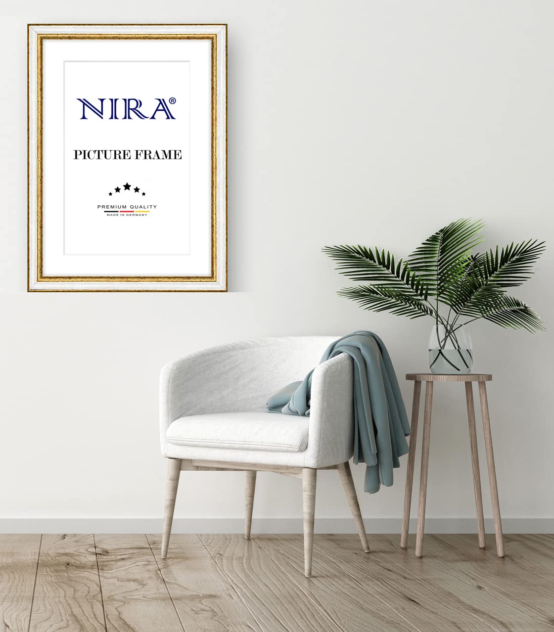 NiRa Massiv Holz Bilderrahmen 42 x 59,4 cm DIN A2 in Alt-Weiß Gold | Farbe und Größe wählbar | Rahmen für Poster | Puzzle | Foto collage HD108