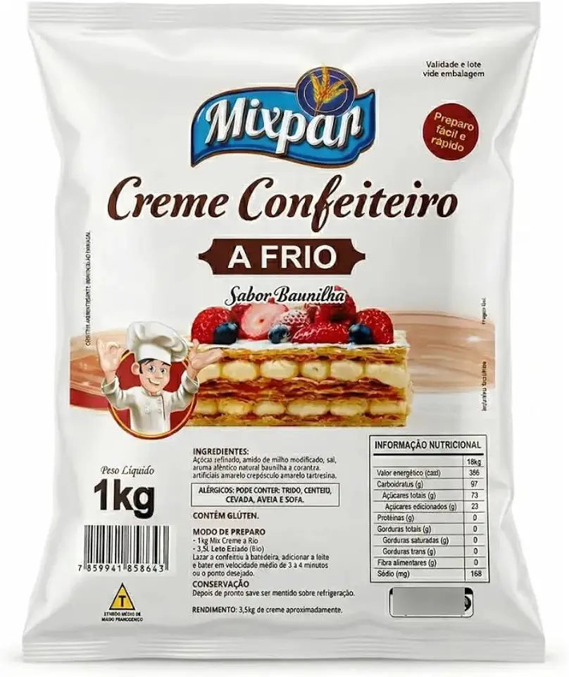 Creme Confeiteiro a Frio Mixpan 1kg Sabor Baunilha Pronto Para Recheios e Coberturas Profissional