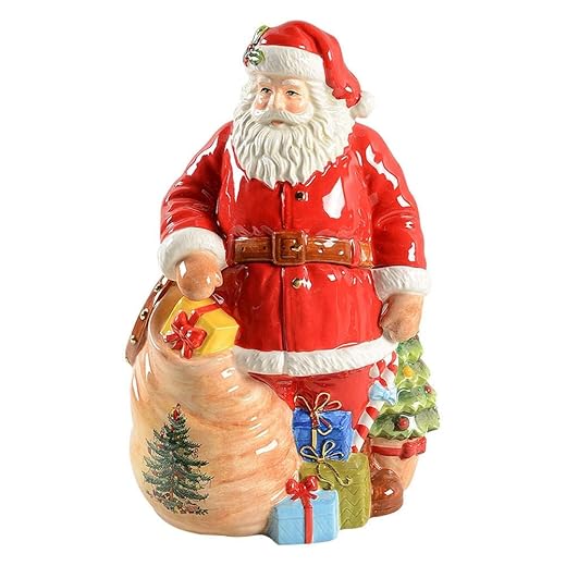 Spode Christmas Tree Santa Cookie Jar - 12" Dolomite Christmas Cookie Jar with Lid for Treats - Santa Candy Jar for Kitchen Counter, Festive Kitchen Decor, Seasonal Cookie Container, Holiday Gift