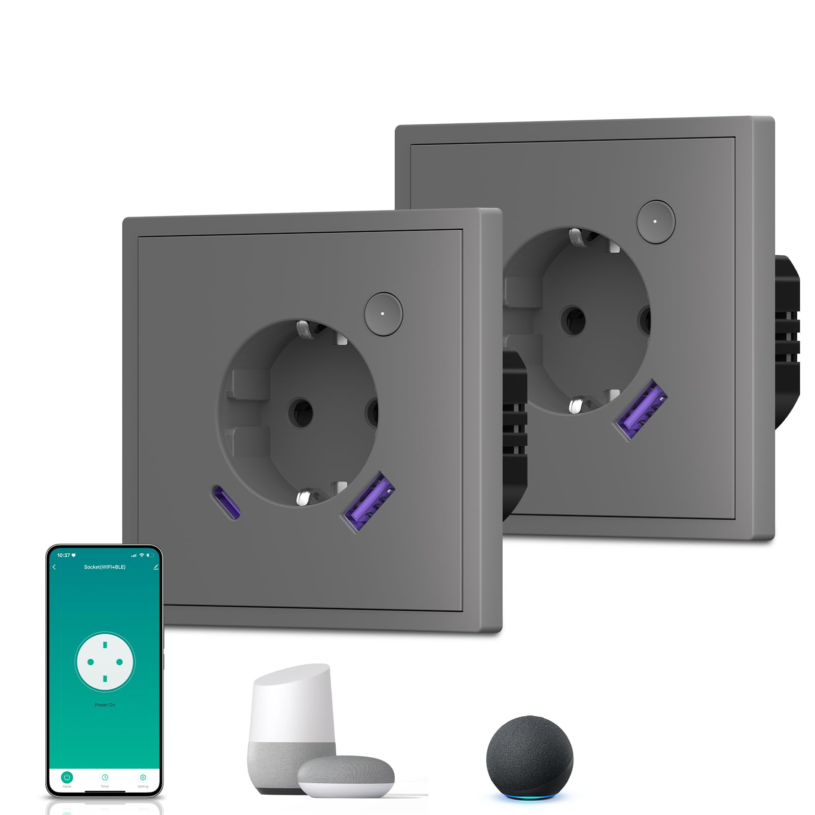 BSEED Enchufe Inteligente con 20W USB y Tipo C,Mate Enchufe Pared Wifi con Medidor Consumo,Control Remoto por APP & Voz,Requiere Cable Neutro,1 Enchufe,Blanco 86mm — view 154