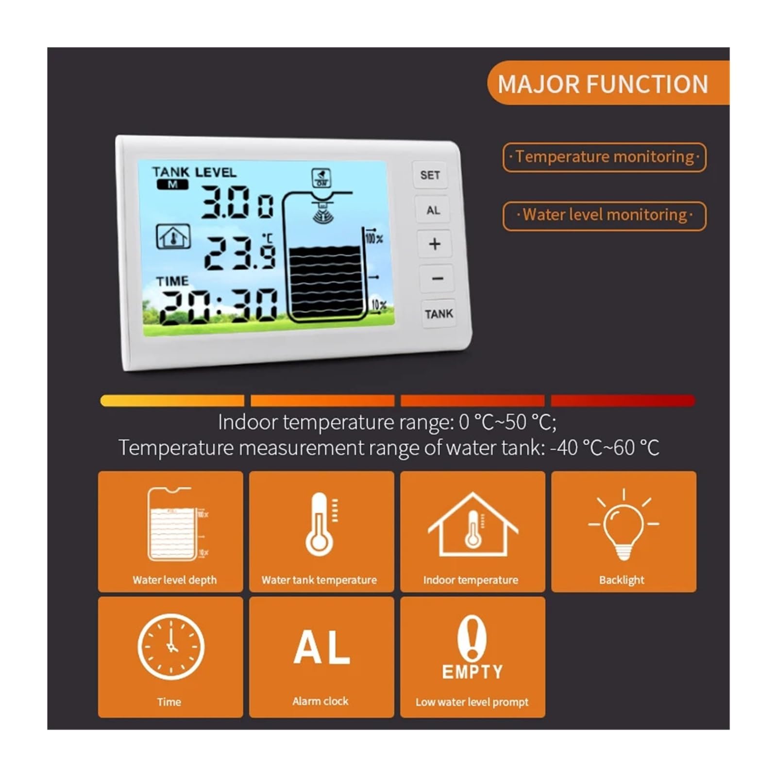 LDHJBNAC Ultrasonic Level Meter Level Guage Wireless LCD Display Indoor Water Tank Liquid Level Meter Temperature Height Monitor Alarm Clock Sensor(FT005 No Solar Panel)
