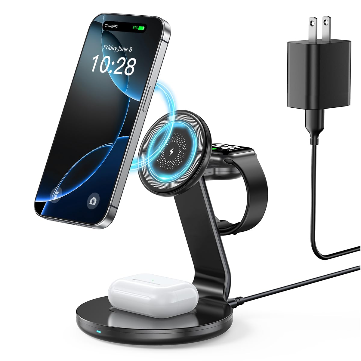HERRBOLWireless Charging Station Compatible with Magsafe Charger 3 in 1 Charging Station for iPhone 16 15 14 13 12 Series for AirPods Wireless Charger Stand for iWatch Series
