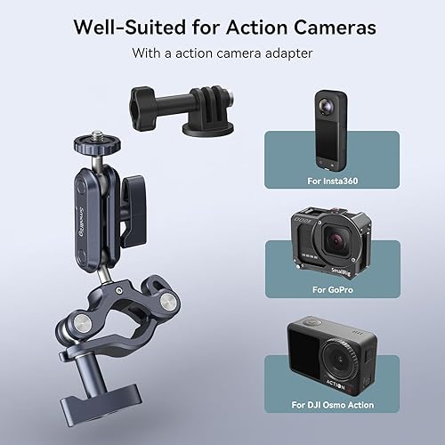 Miniatura 6 de SMALLRIG Soporte de manillar de motocicleta para Gopro, soporte de barra de poste y rollo, CNC todo metal 0.866-1.260 in para cámaras de acción