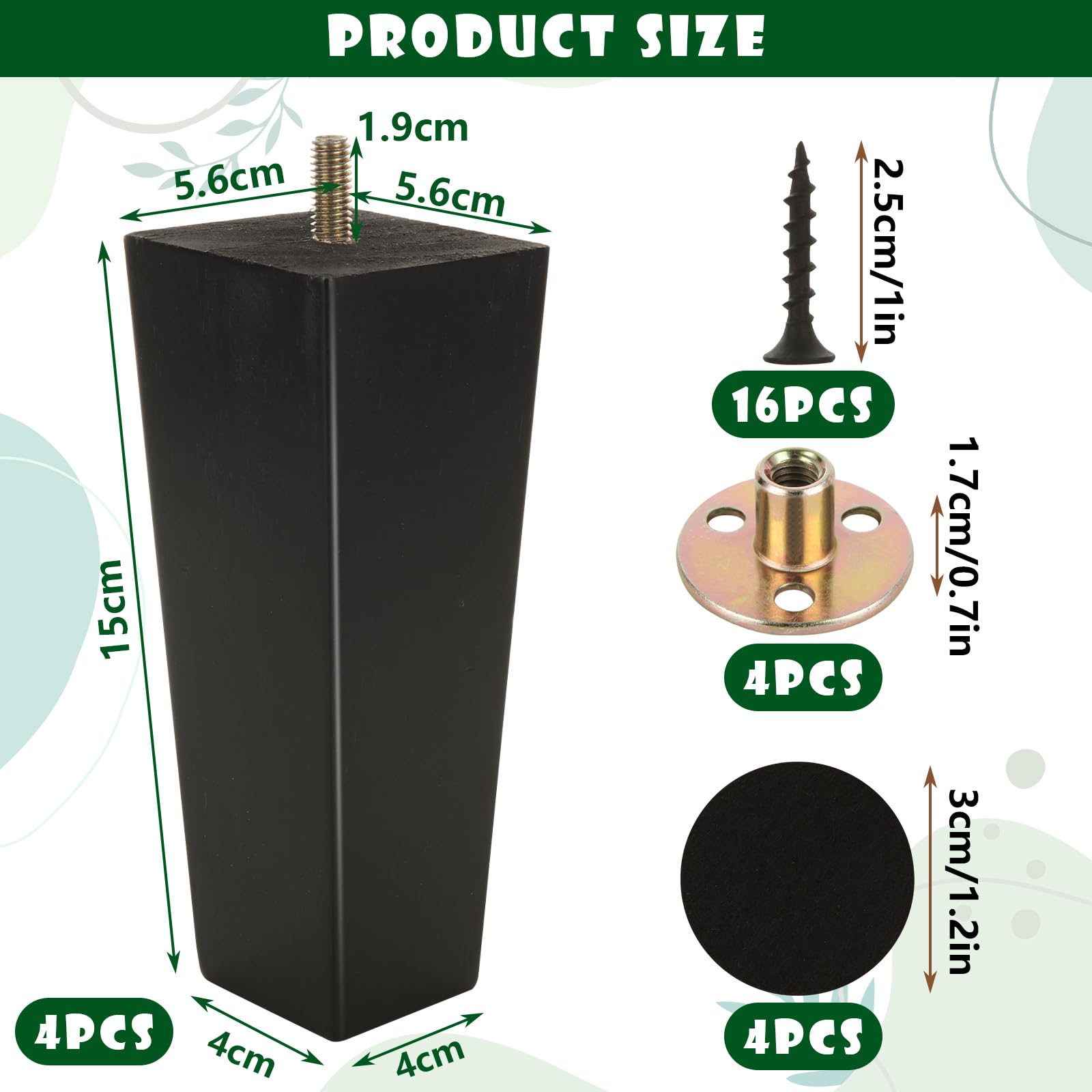 VIDETOL Black Wooden Furniture Legs Set of 4, 6 inch / 15 cm Square Sofa Legs - Image 2