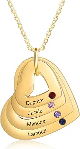 Wamantic Personalized Names Necklace Customized Names 1-4 Heart Shape Pendant Trendy Engraved Stainless Steel Necklace Christmas Gifts for Women Mom (4 Stone & 4 Name)
