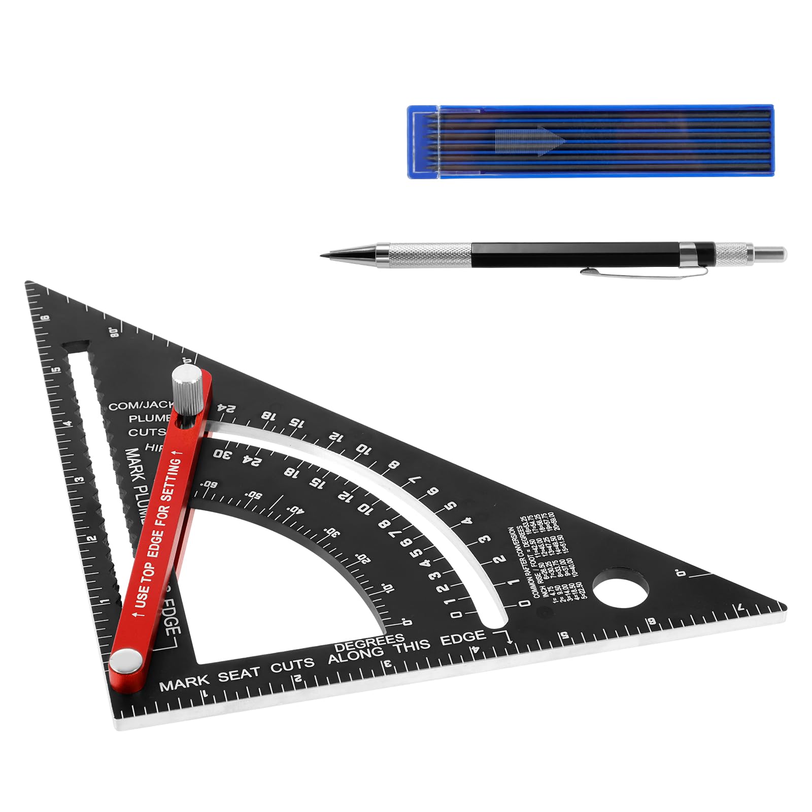 Woodworking Triangle Ruler 7 Inch Aluminum Alloy Carpenter Square Adjustable Rafter Square Protractor Multipurpose Combination Square Tool(Black,Imperial System)