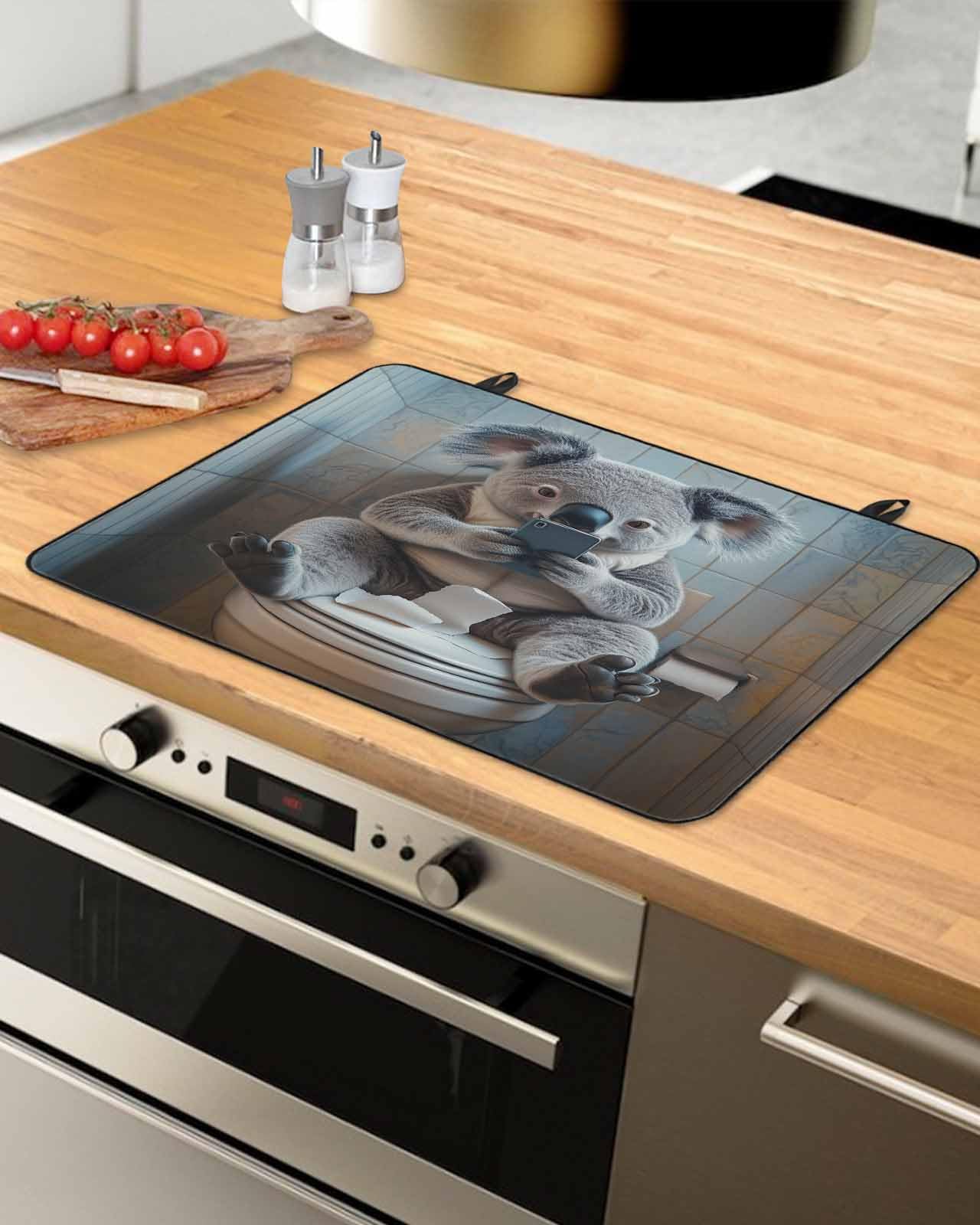 Stove Cover for Electric Stove, Funny Animal Koala Sitting on Toilet Koala Playing Phone Stove Top Cover for Glass Top, Heat Rubber Mat Foldable Cooktop Cover Top Protector, 24