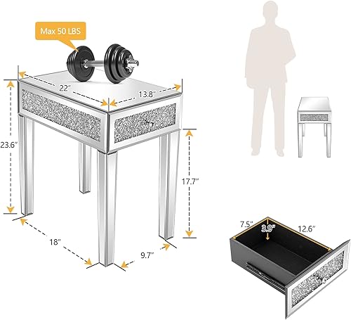 Miniatura 2 de VINGLI Mesa auxiliar estrecha con espejo, pequeña mesa auxiliar para sofá/sofá/cama con almacenamiento, mesita de noche de cristal delgada para