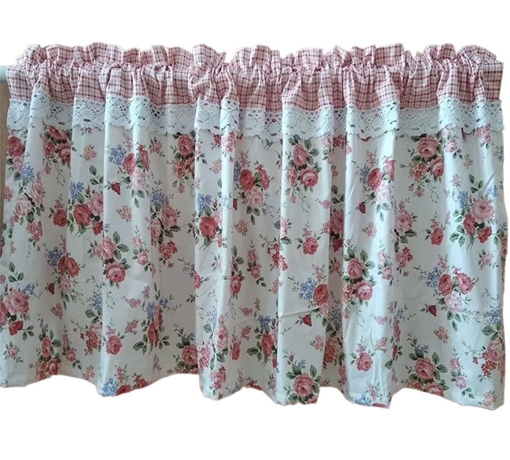 Cortinas pequeñas de cocina estilo rústico traslúcidas con encaje floral beige de 150x90cm