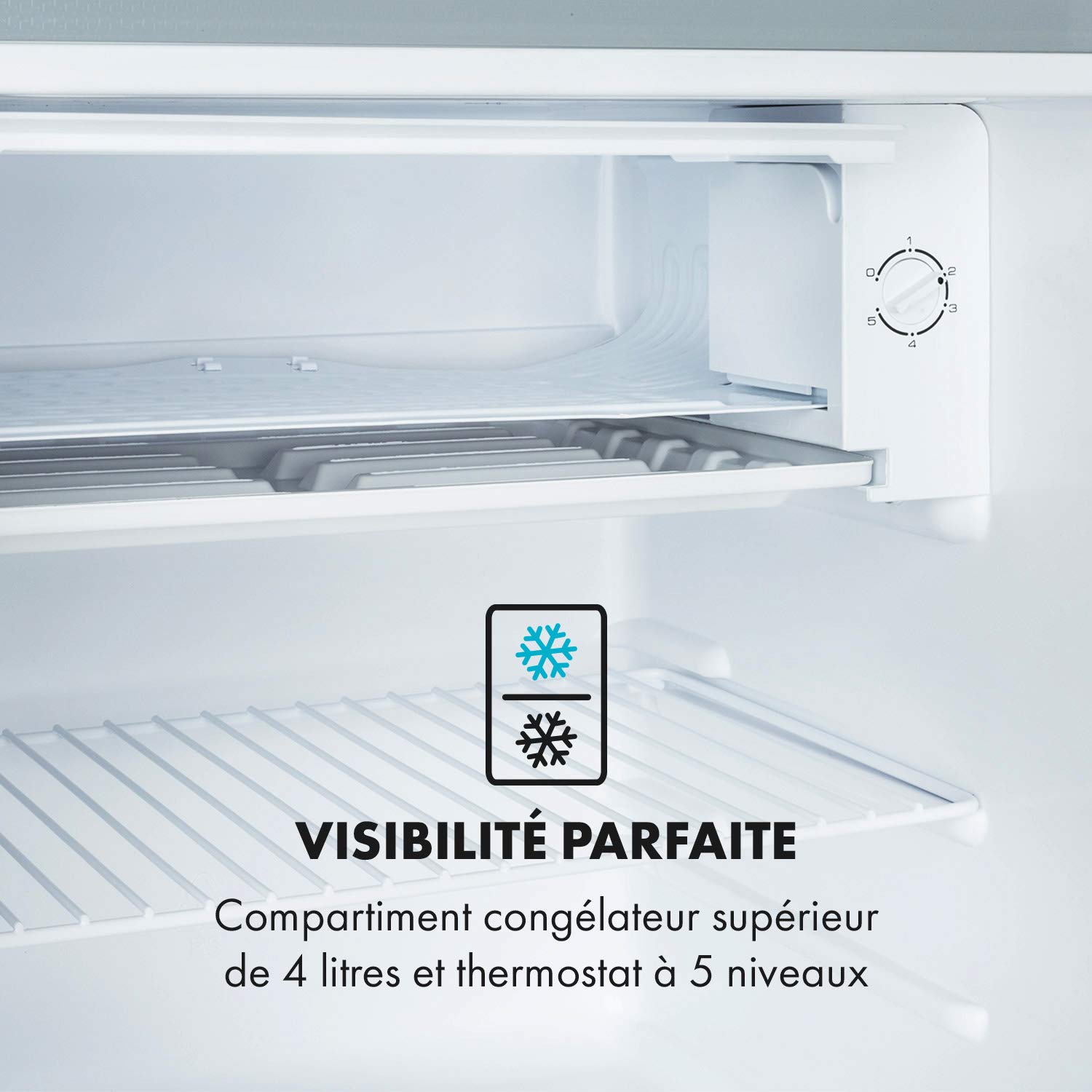 KLARSTEIN Delaware - Réfrigérateur compact, Capacité: 76 L, Congélateur: 4L, 2 niveaux de rangement, Range-boissons, Econome, Thermostat à 5 niveaux, Pieds réglables - Argent