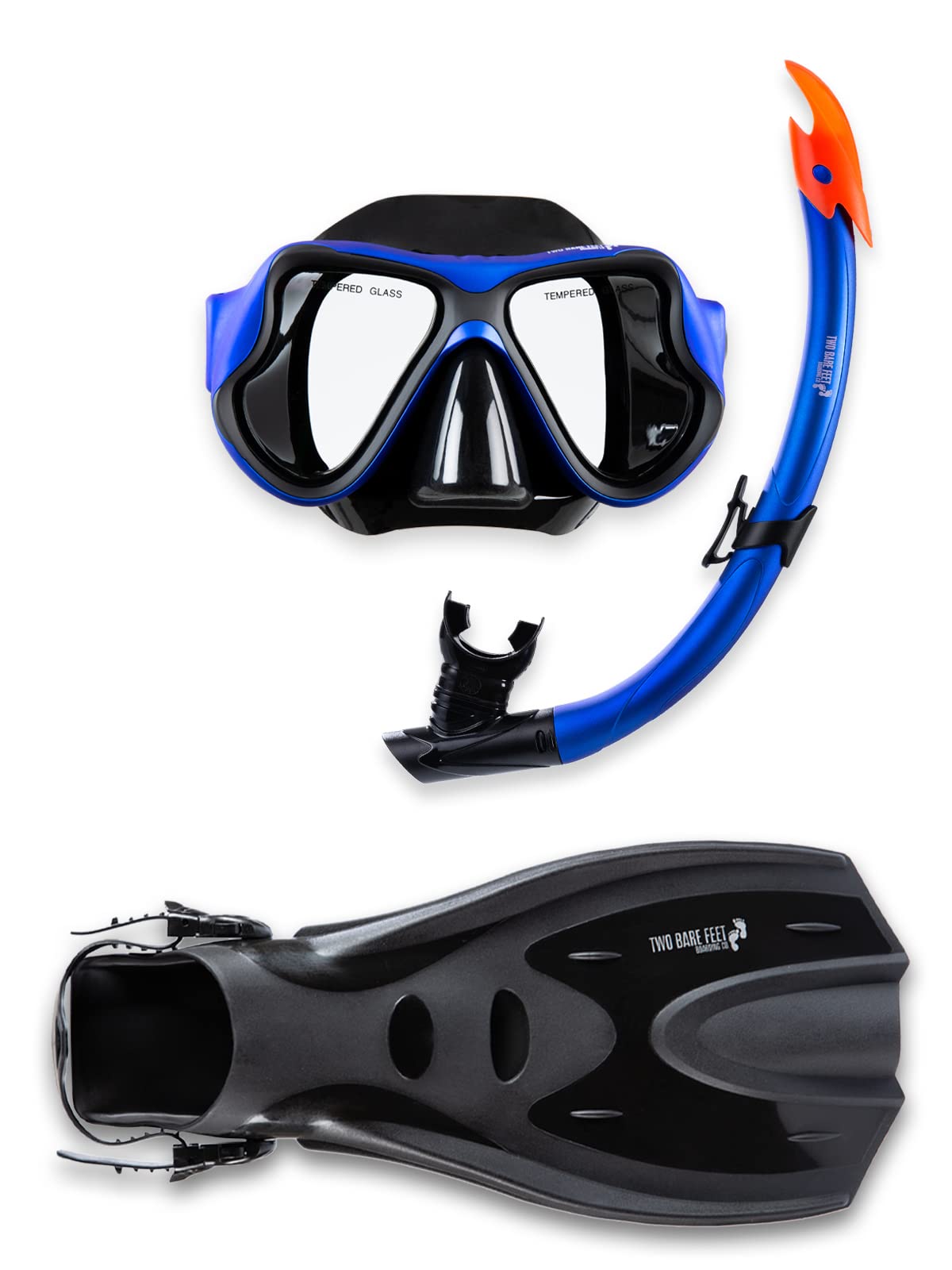 Two Bare Feet X-Dive Silicone Mask Dry Top Snorkel & F70 Fins Complete Diving Snorkel Set (M266S SN134S Blue/Black, F70 S/M)
