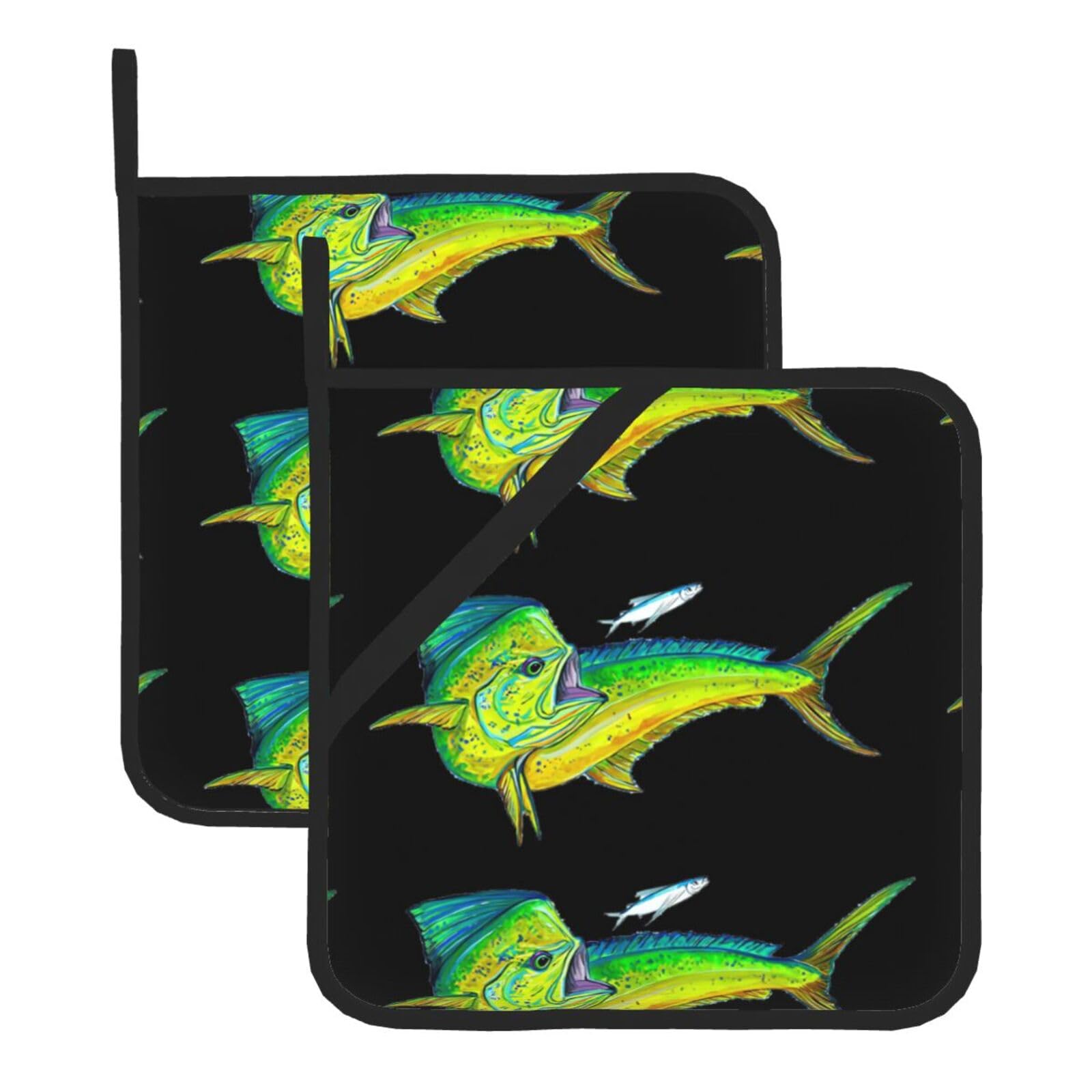 WHJDPP Green fish Prints Square Hot Pads for Kitchen - Waterproof Pot Holders Set of 2, Durable Trivets with Pocket & Hanging Loop for Hot Dishes & Oven Use