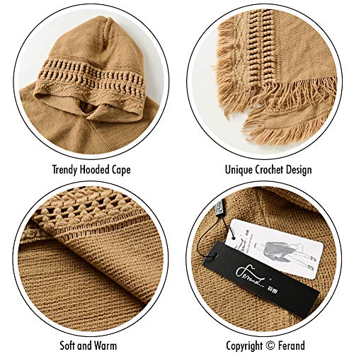 Ferand Ladies' Hooded Cape With Fringed Hem, Crochet Poncho Knitting Patterns For Women, Khaki #TOP3