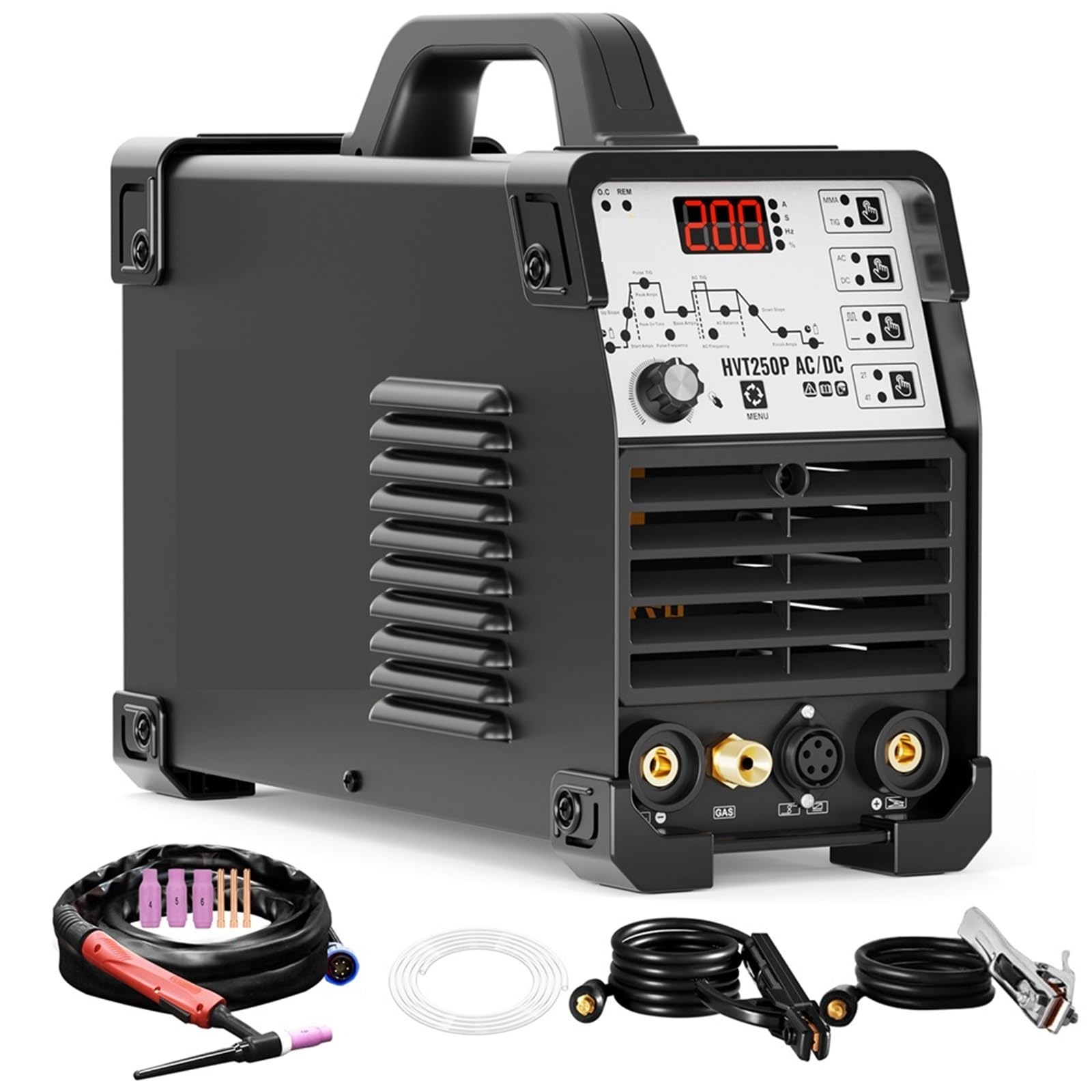 Wielofunkcyjna spawarka TIG 6 w 1 200 A, aluminium, AC/DC, MMA, łuk, HF, TIG, impuls, argon, falownik IGBT 2T/4T, 220 V (z pedałem)